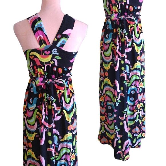 VTG 90s Black Colorful Birds Folk Art Print Sleeveless Halter Maxi Dress Small - Picture 16 of 17